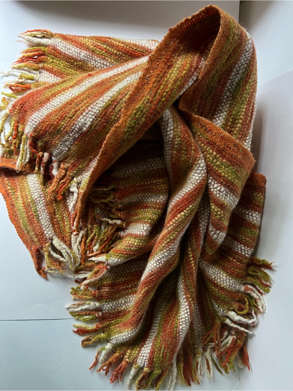 Heavy Handwoven Chindi Style Orange, Cream & Green Striped Throw Blanket